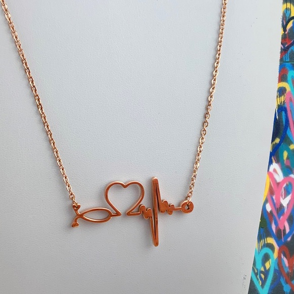 Heartbeat Stethoscope Heart EKG Stainless Nurse Bar Necklace Silver Rose Gold - Picture 10 of 15